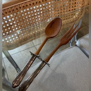 Vintage Salad serving Wood and‎ Silver Utensil Set